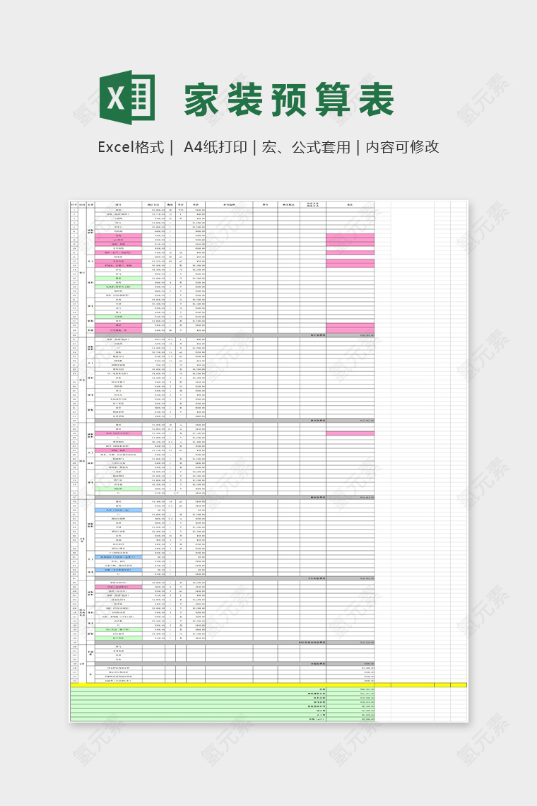 9.6万家装预算表Excel表格模板