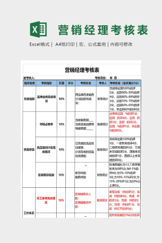 公司营销经理绩效考核表模版下载