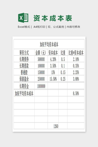 通用简单此本成本表Excel下载