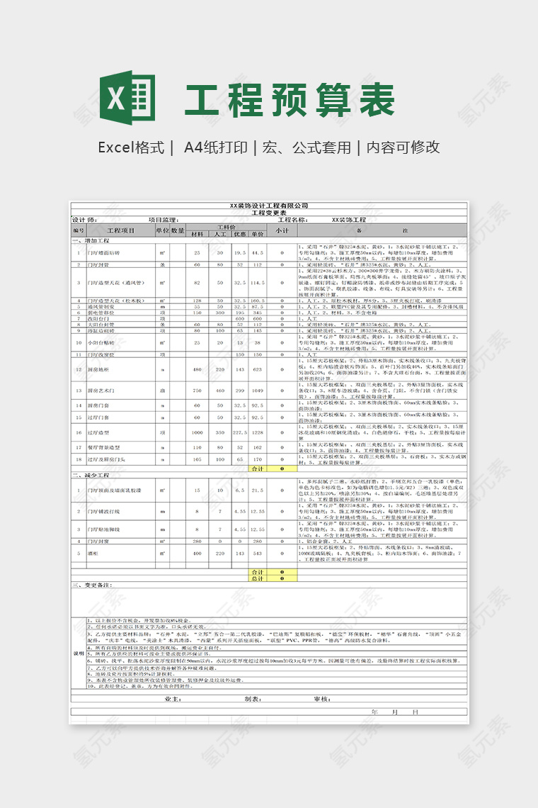 简单大方工程预算表Excel