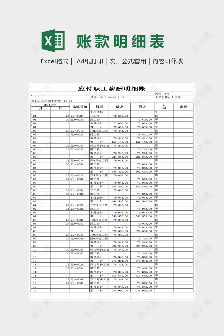 简约精美应付职工薪酬模板Excel