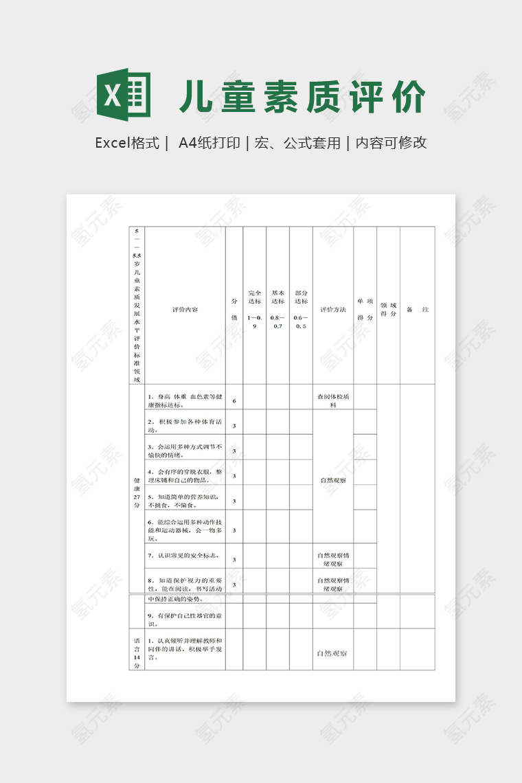 五到五岁半儿童素质发展水平评价标准excel模板