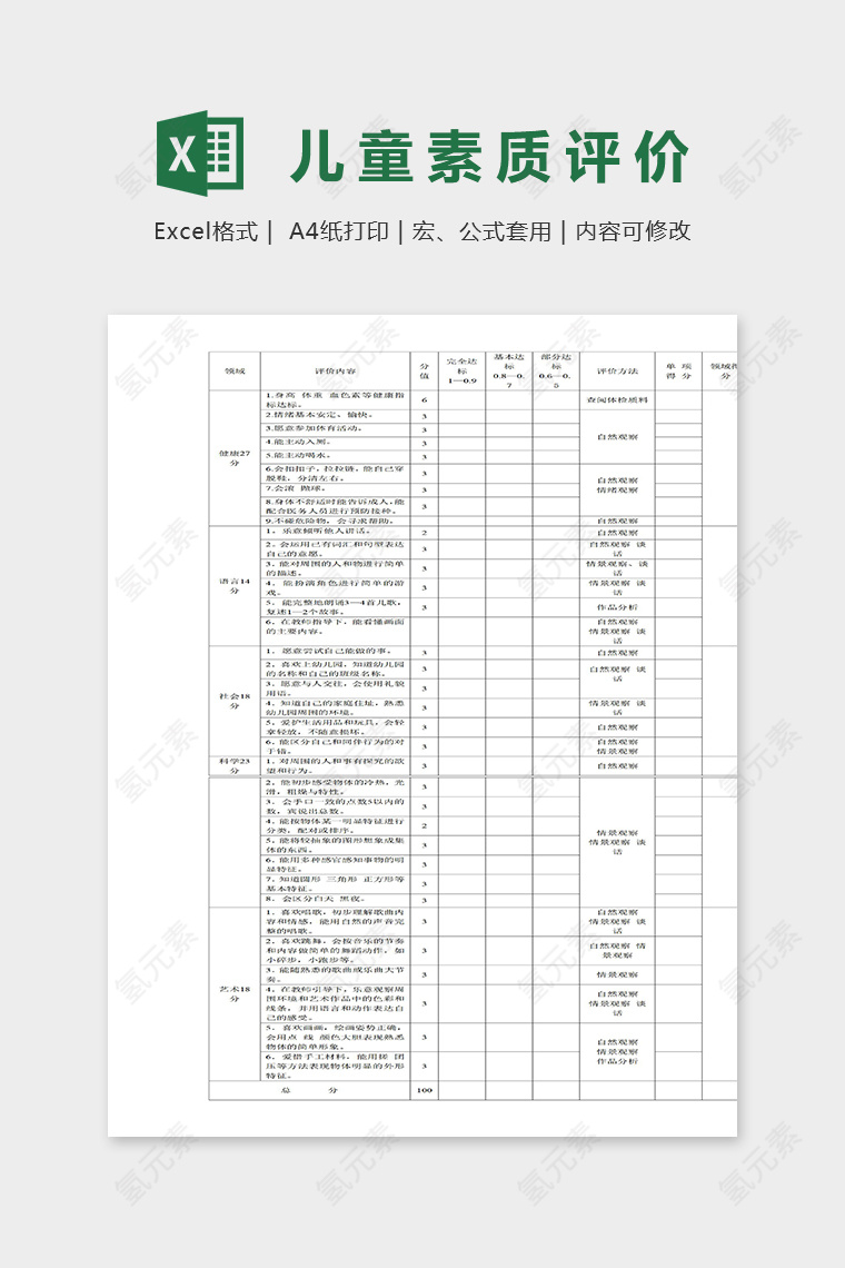 三到四岁儿童素质发展水平评价标准excel模板