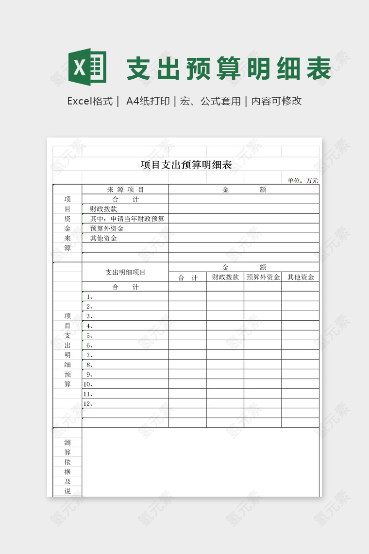 项目支出预算明细表excel模板