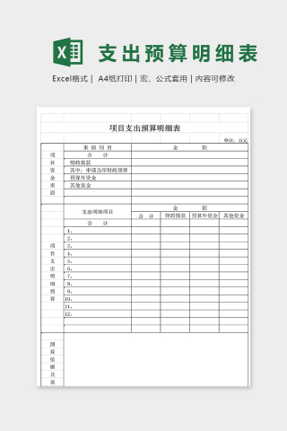 项目支出预算明细表excel模板下载