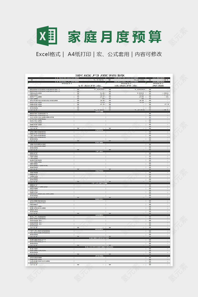 暗黑系列详细家庭月度预算Excel模板