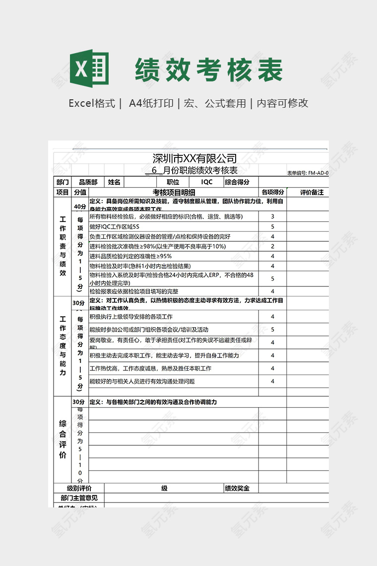 PCM部绩效考核表模版