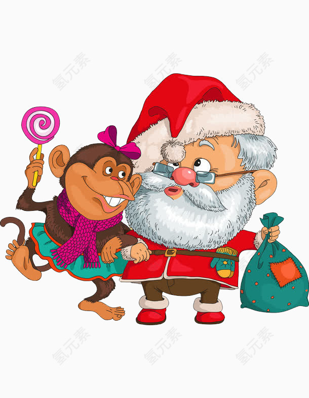 卡通圣诞老人和猴子