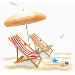 卡通手绘沙滩上的躺椅太阳伞