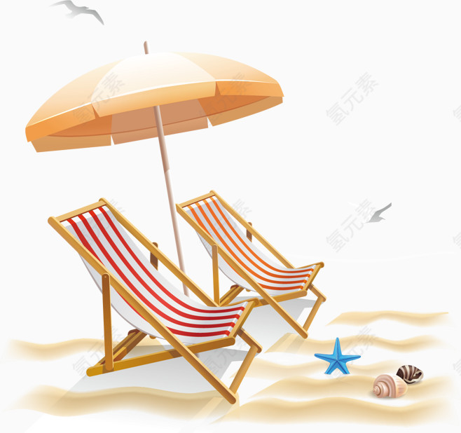 卡通手绘沙滩上的躺椅太阳伞