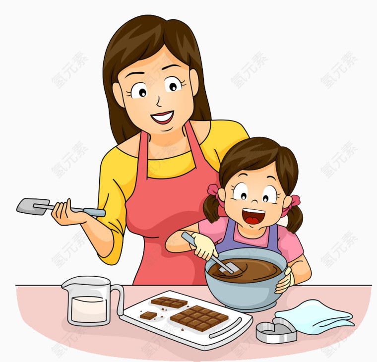 卡通小女孩和妈妈做美食