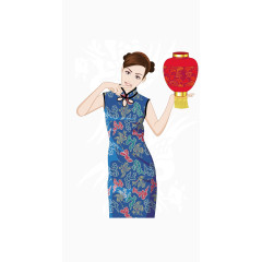 中国古典蓝花旗袍美女矢量素材