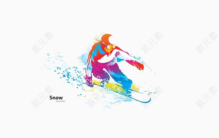 彩色手绘画人物滑雪