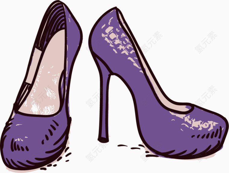 卡通手绘素描紫色高跟鞋 