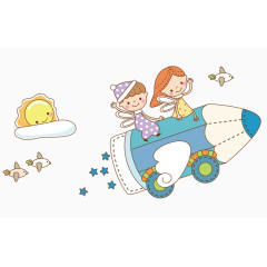 卡通手绘骑在火箭上的两个小女孩