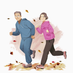 卡通手绘老年夫妇跑步插画
