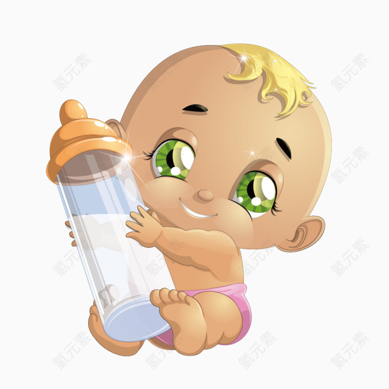 手绘抱着奶瓶的婴儿