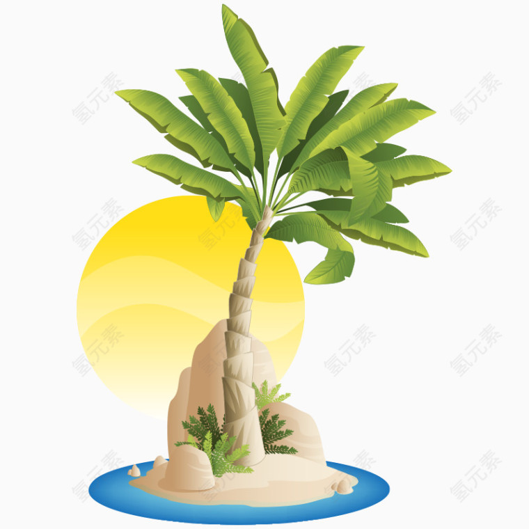 卡通海洋沙堆椰子树太阳