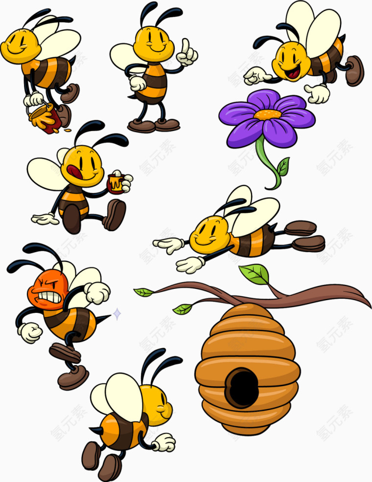 卡通勤劳蜜蜂形象矢量元素合集