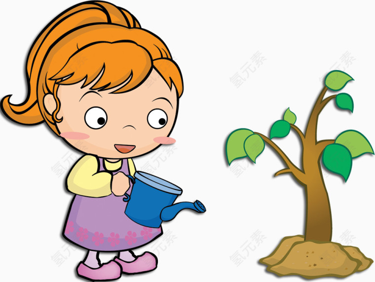 给树浇树的小女孩卡通手绘装饰元素