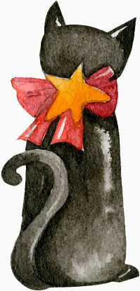 水彩手绘带蝴蝶结的黑猫