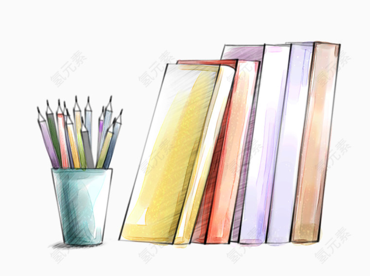 清新手绘铅笔和书
