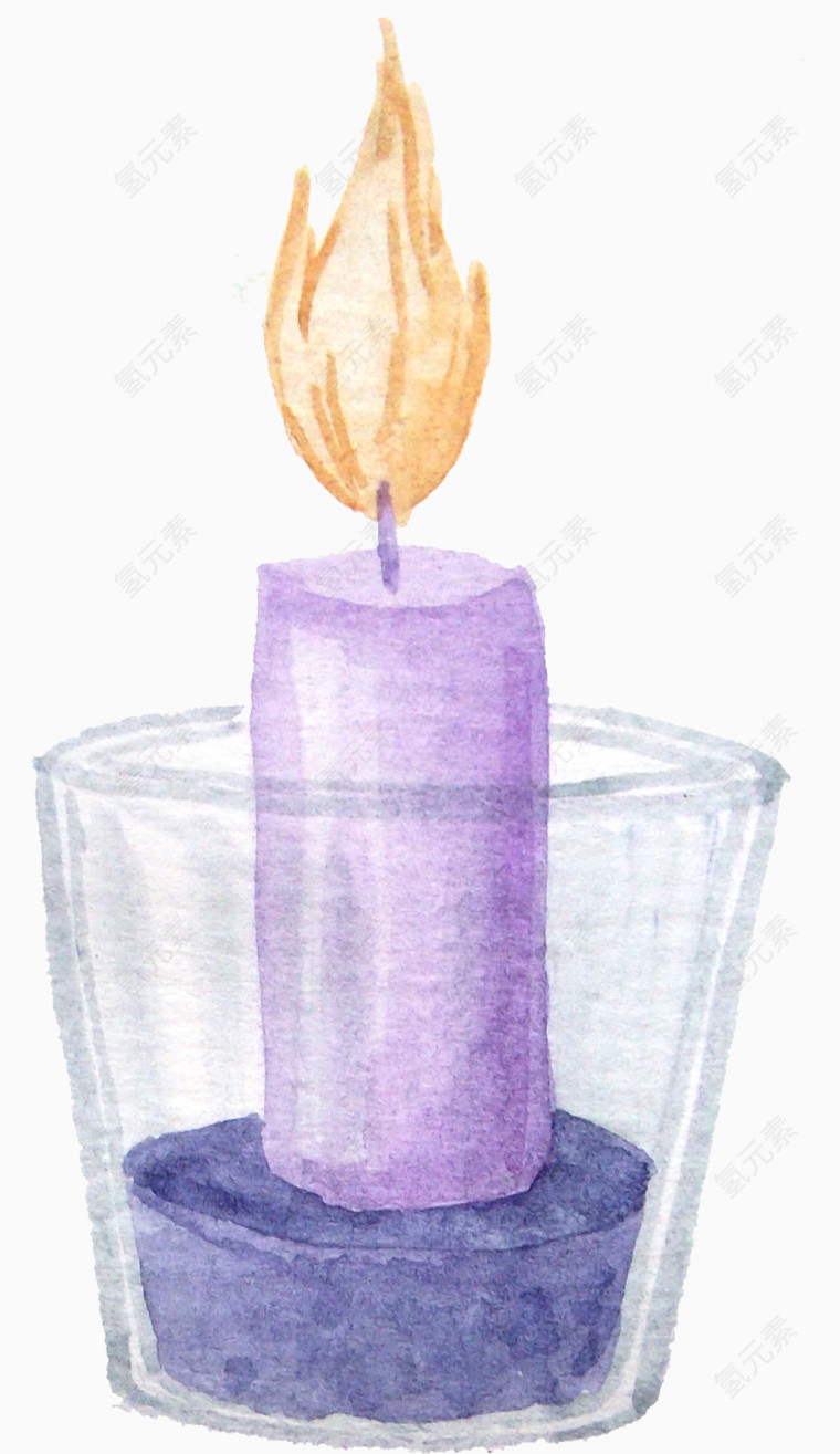 手绘放置在玻璃杯里的正在燃烧的紫色蜡烛