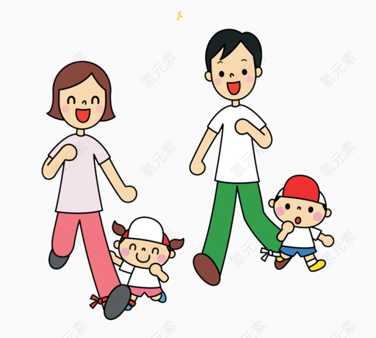 卡通手绘跑步的一家人 