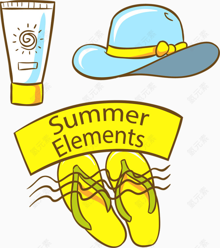夏日主题元素沙滩用品防晒霜遮阳帽沙滩拖鞋