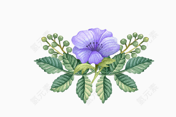 卡通手绘紫色鲜花绿叶装饰图案