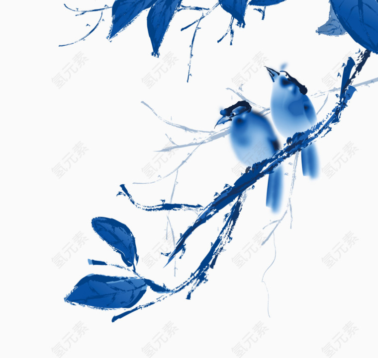 蓝色手绘枝头小鸟