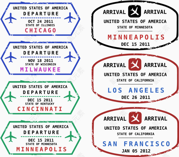 矢量三色旅游飞机印章