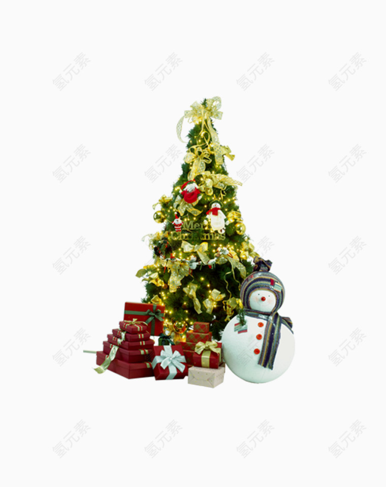圣诞树边上的雪人和礼物