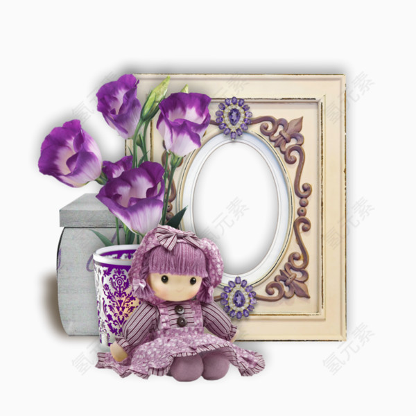 紫色花束可爱娃娃欧式花纹边框
