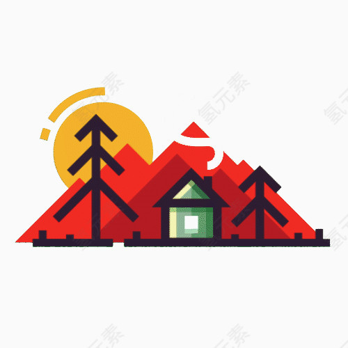 红色的简约山峰和房子