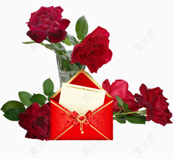 红色玫瑰装饰情书信封
