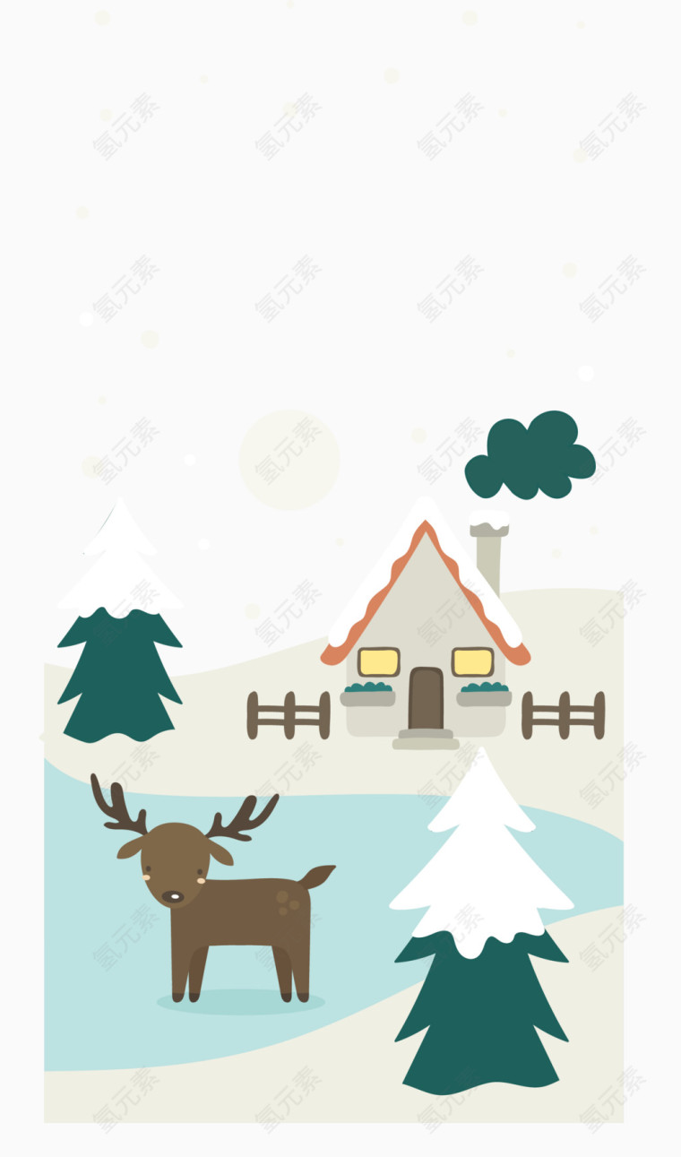 雪里驯鹿小房子插画