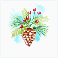 卡通手绘油画松果圣诞红果实