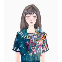 手绘文静的小女孩插画