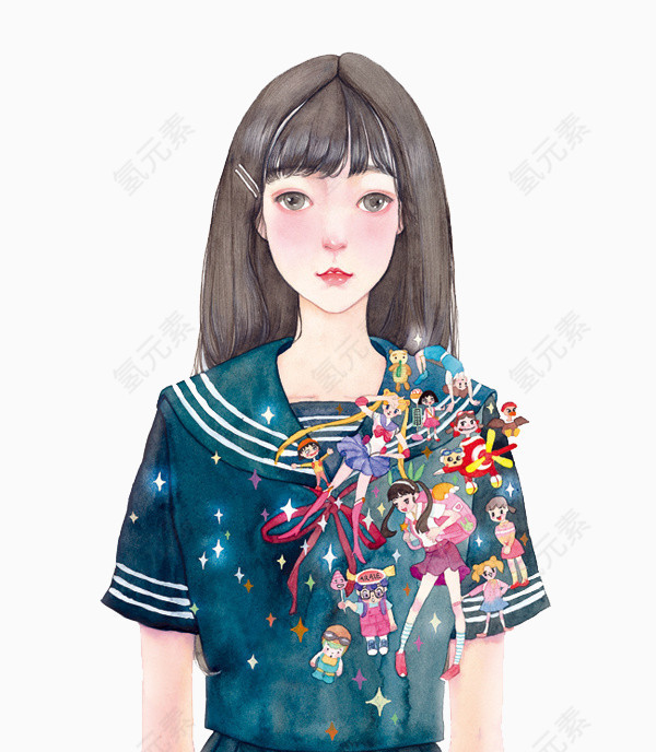 手绘文静的小女孩插画