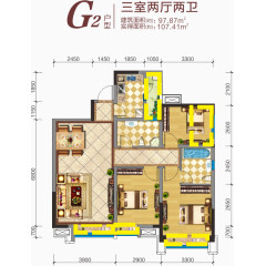 三室两厅两卫彩色平面户型图