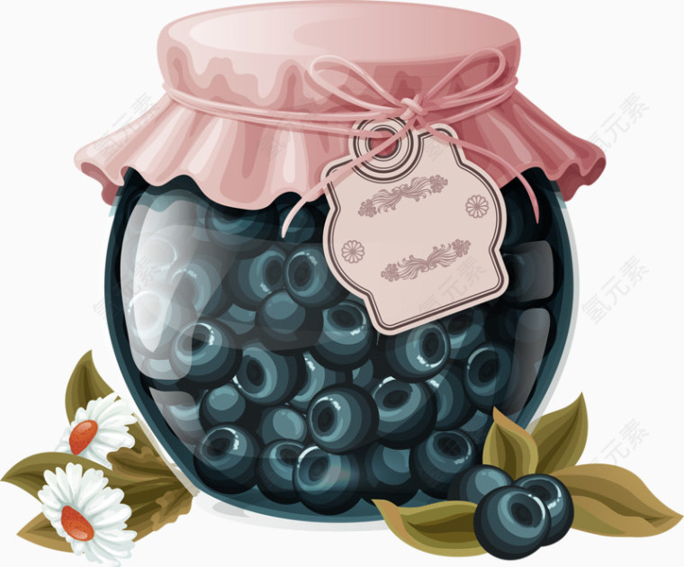 手绘蓝莓果酱玻璃罐花朵装饰图案