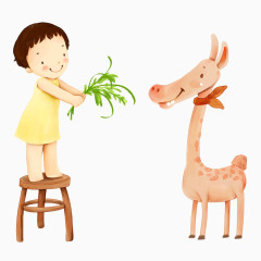 儿童喂长颈鹿吃草