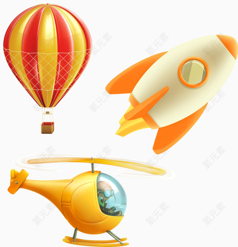 矢量卡通可爱热气球直升机火箭