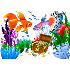 矢量彩色孔雀鱼和宝藏
