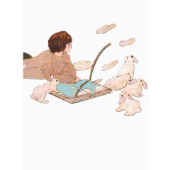 女孩和兔子们在看书