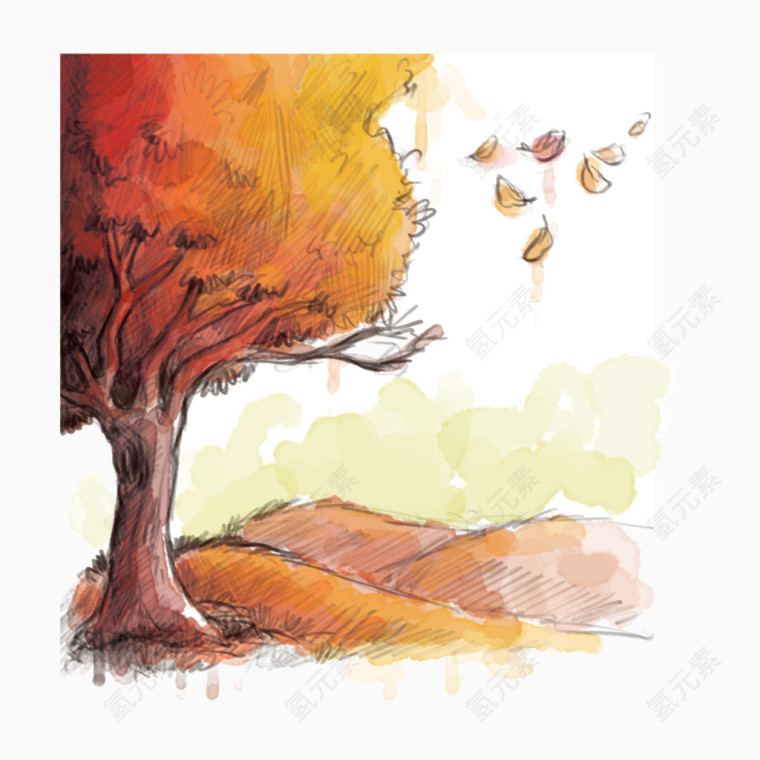 秋天金黄树木水彩风矢量素材