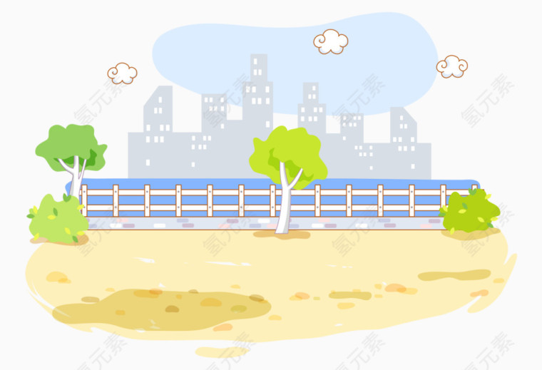 卡通手绘江景城市江边树木