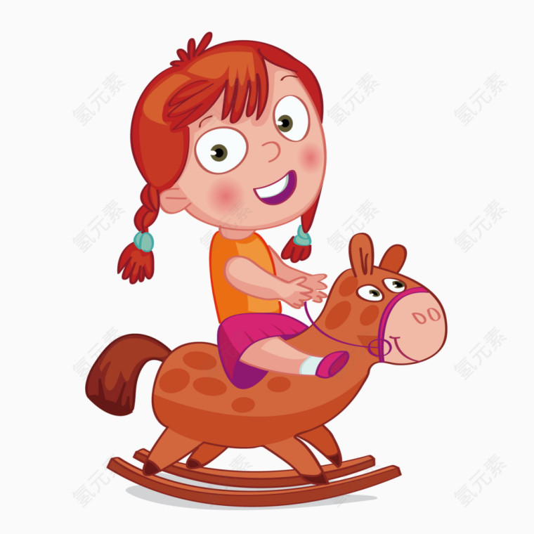 矢量卡通骑木马的小姑娘