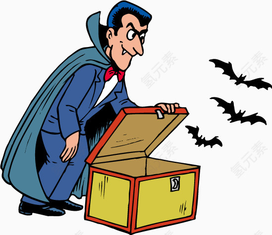 卡通吸血鬼木箱子蝙蝠矢量